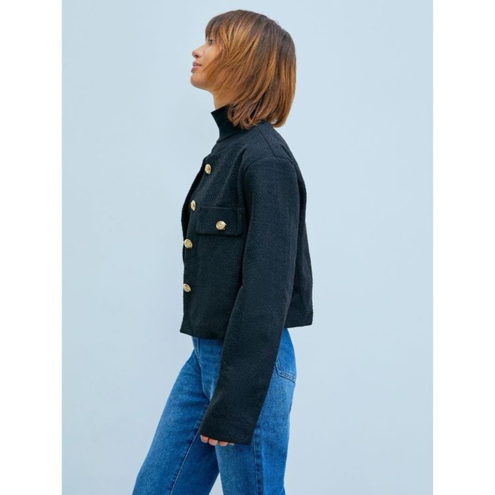 Sz M Cider Tweed Button Crew Neck Jacke Black Women's Jacket with Gold Buttons - Picture 3 of 16